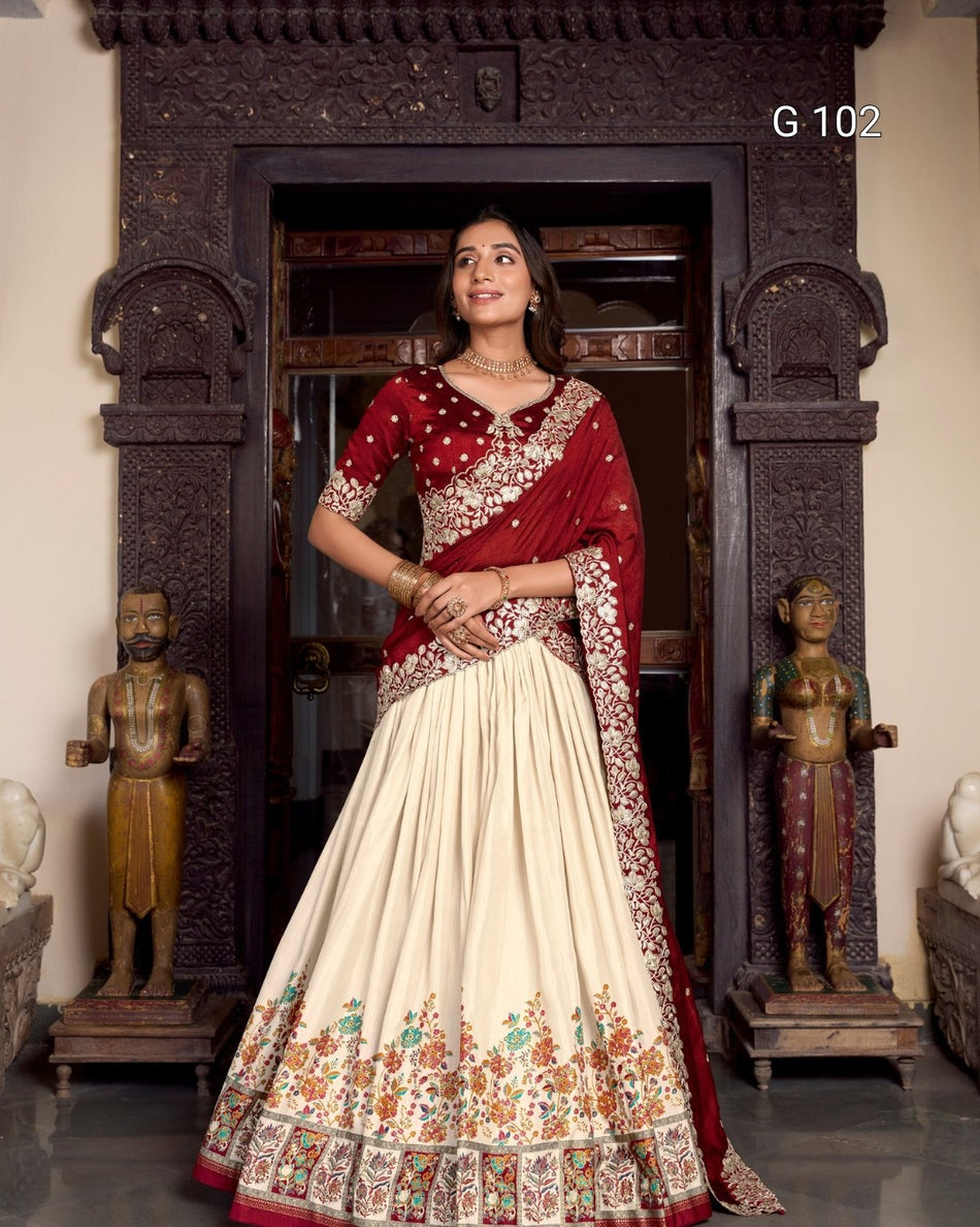 Tussar Silk Lehenga with Foil Work – G 102 Off white
