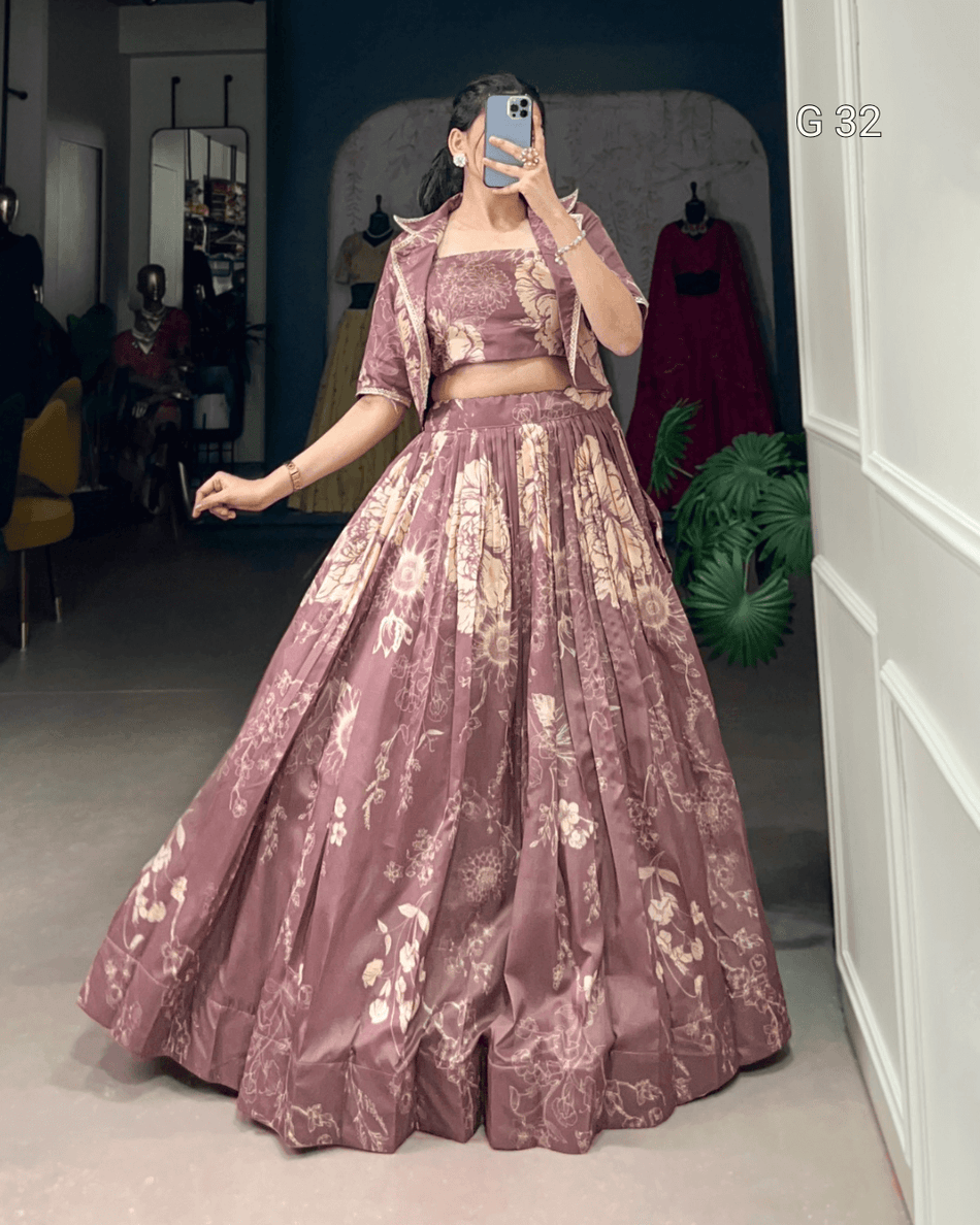 Onion Tussar Silk Lehenga with Floral Print – Stitched Blouse and Floral Print Koti - G 32 Onion