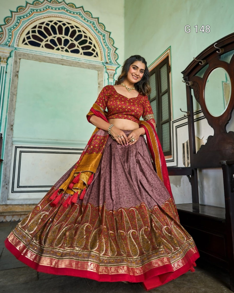 Onion Tussar Silk Lehenga with Kashmiri Print & Foil Work – Wedding Lehenga Set-G 148 Onion