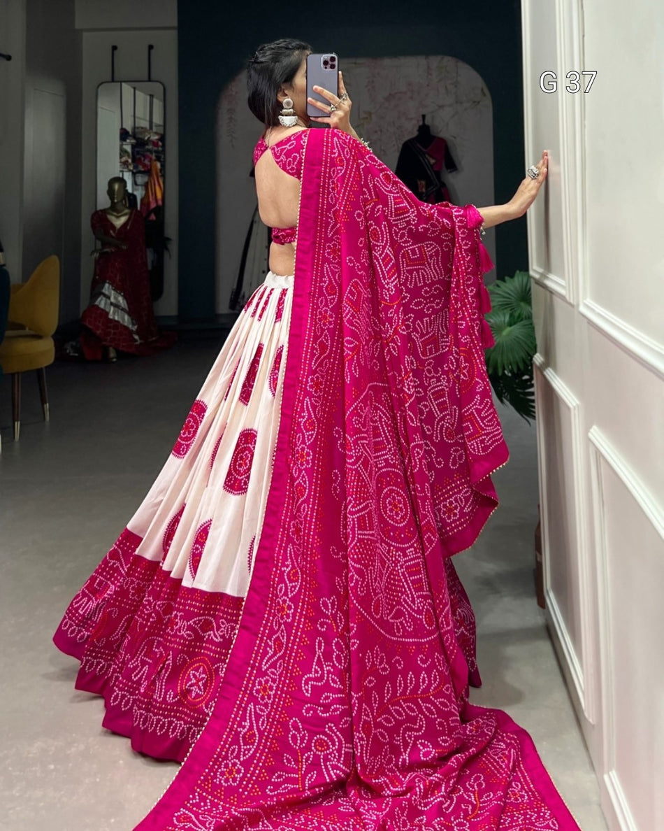 Tussar Silk Bandhej Print Lehenga with Gotta Patti Lace & Tassels – G 37 Pink