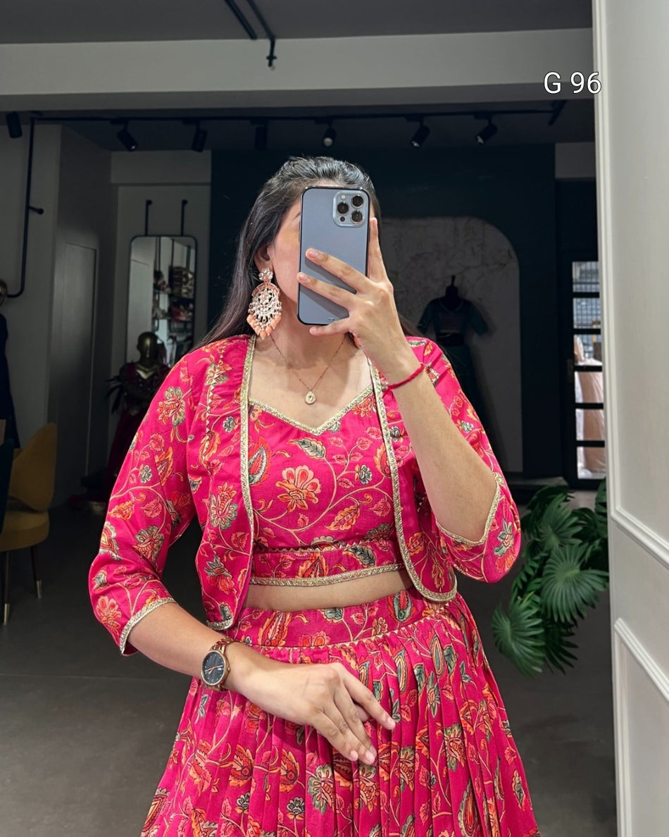 Tussar Silk Lehenga with Floral Print & Gota Patti Touch Up – G 96 Pink