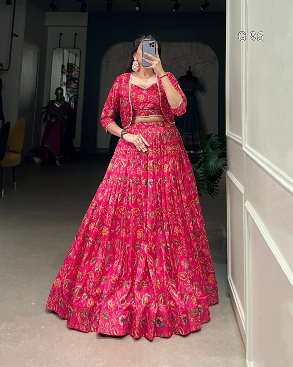 Tussar Silk Lehenga with Floral Print & Gota Patti Touch Up – G 96 Pink