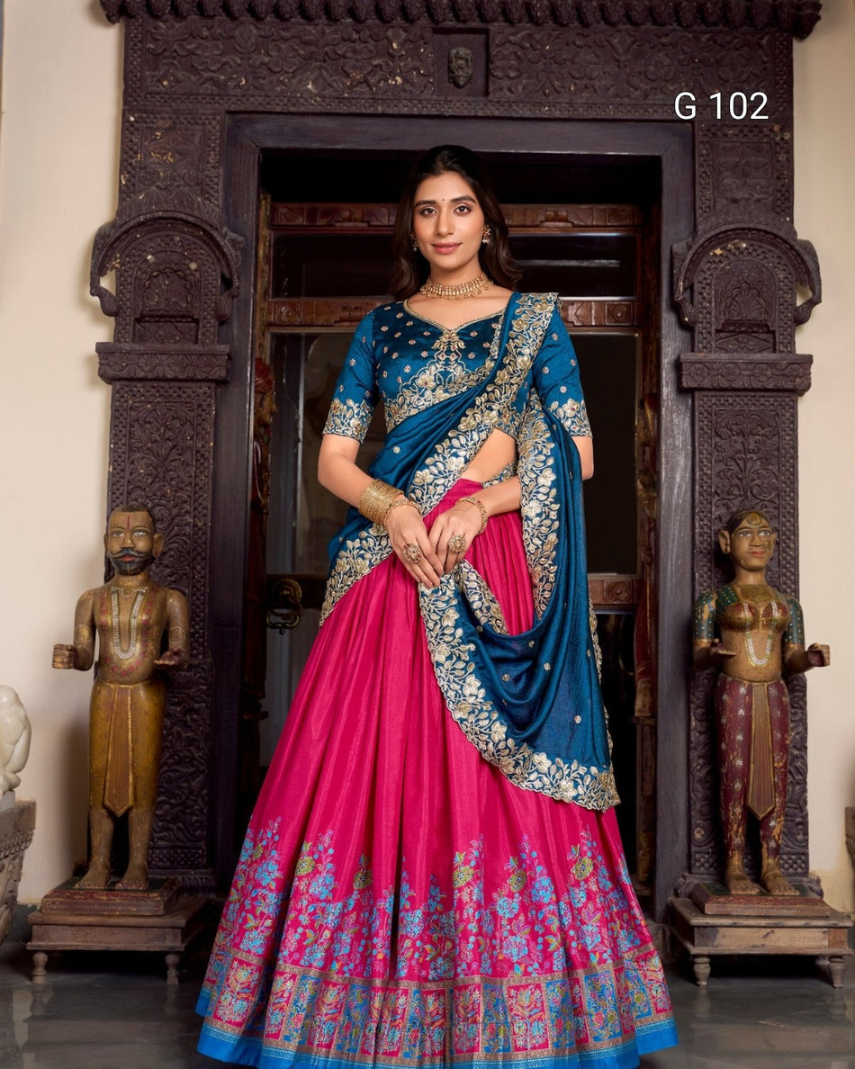 Tussar Silk Lehenga with Printed Design & Foil Work – G 102 Pink