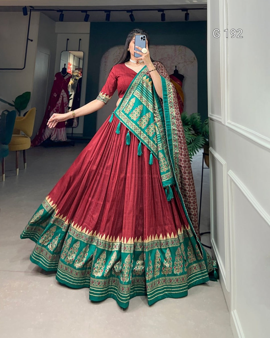 Tussar Silk Printed Lehenga with Foil Work and Heavy Tassels – G 192 Red