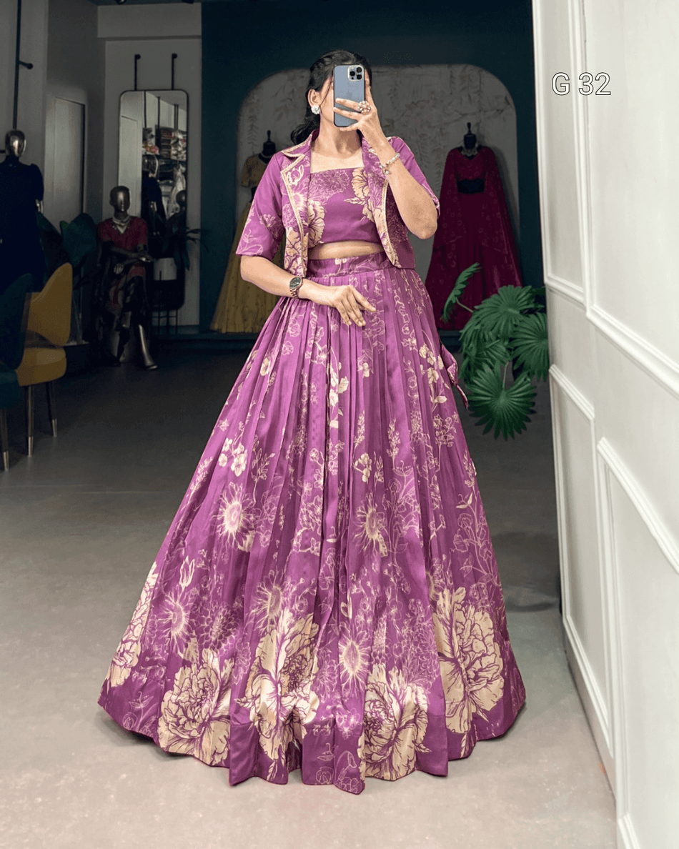 Purple Tussar Silk Lehenga with Floral Print – G 32 Purple