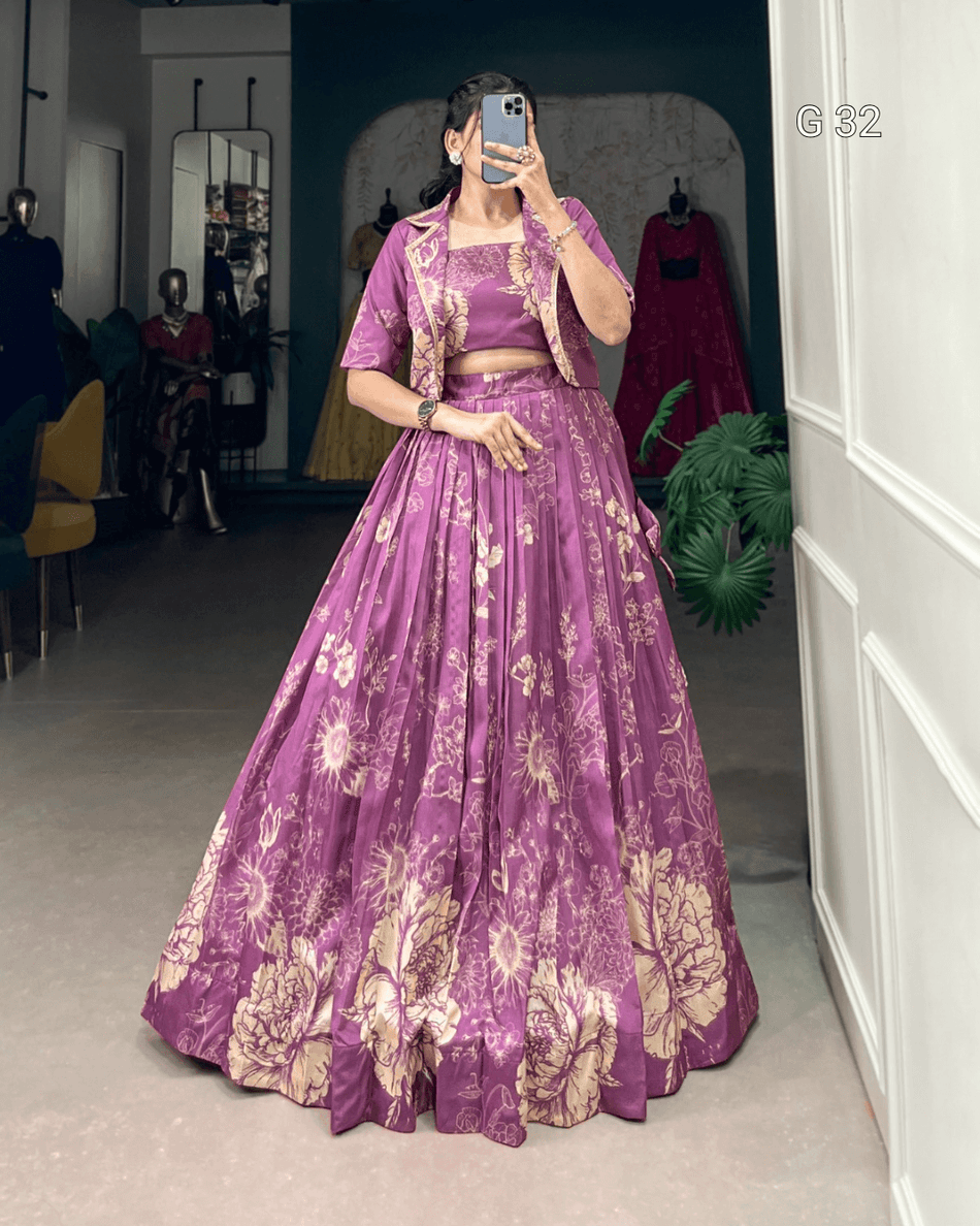 Cream Tussar Silk Lehenga with Floral Print – G 32