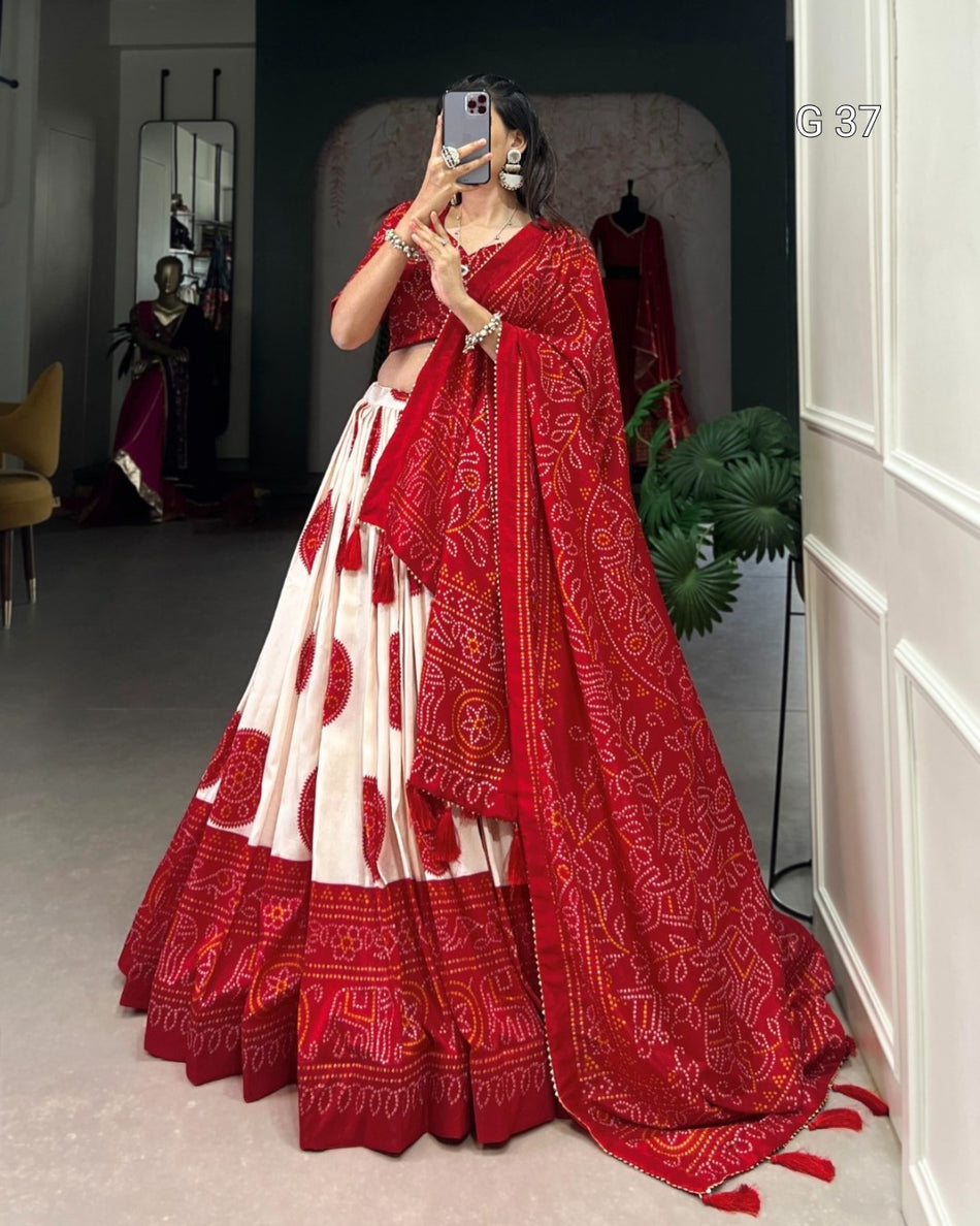 Tussar Silk Bandhej Print Lehenga with Gotta Patti Lace & Tassels – G 37 Red