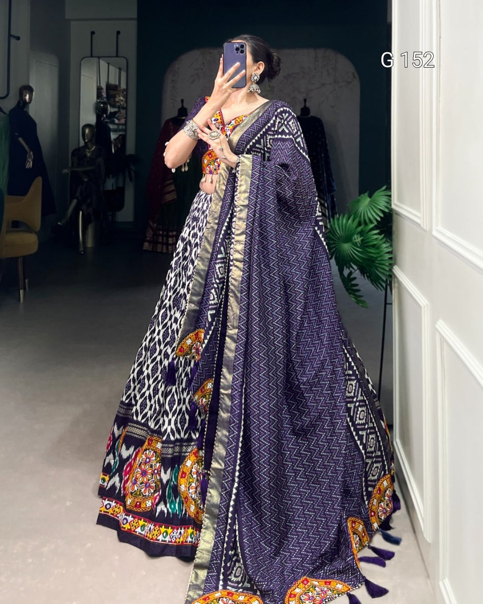 Elegant Maroon Tussar Silk Lehenga with Ikkat Print & Mirror Gamthi Work – Wedding Lehenga Set-G 152