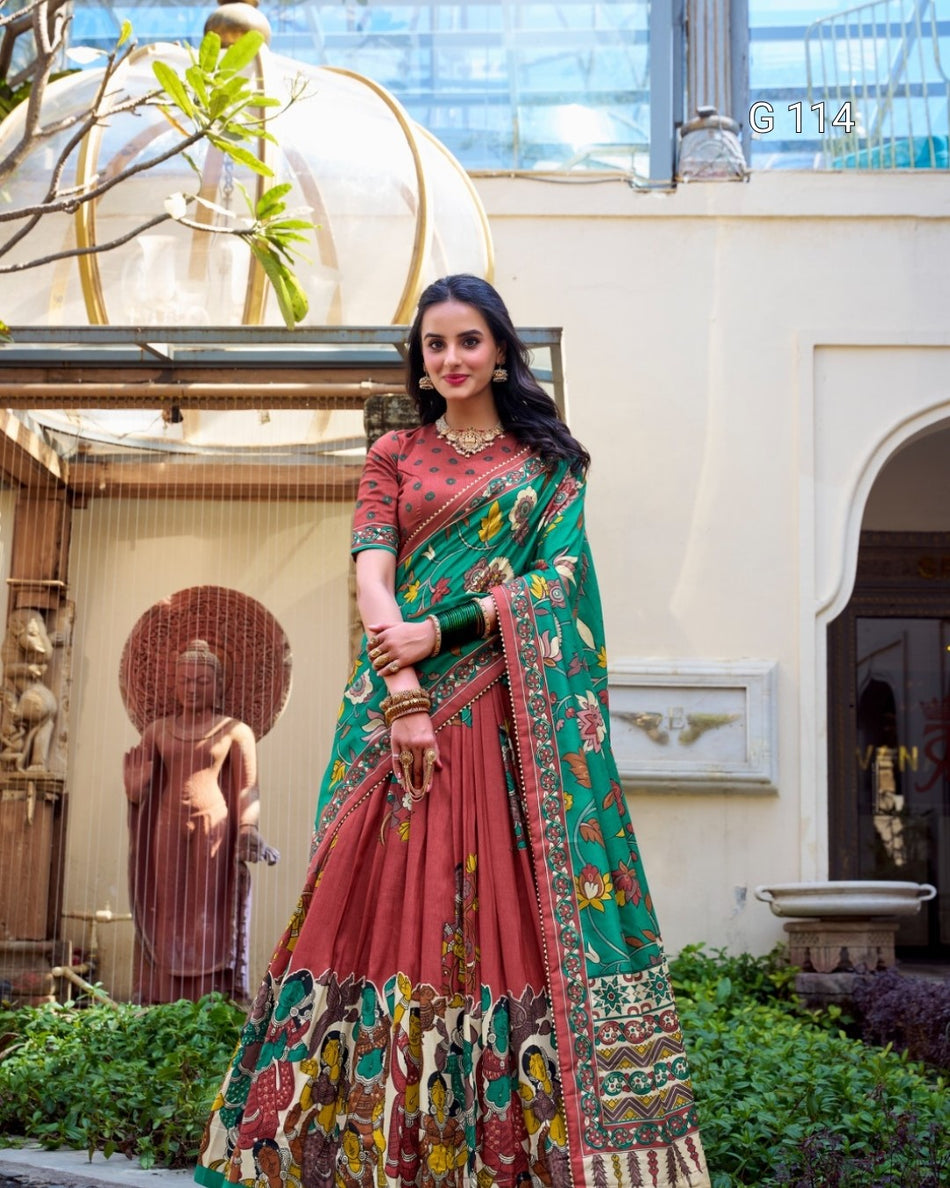 Tussar Silk Lehenga with Foil Work & Kalamkari Print Dupatta – G 114 Salmon