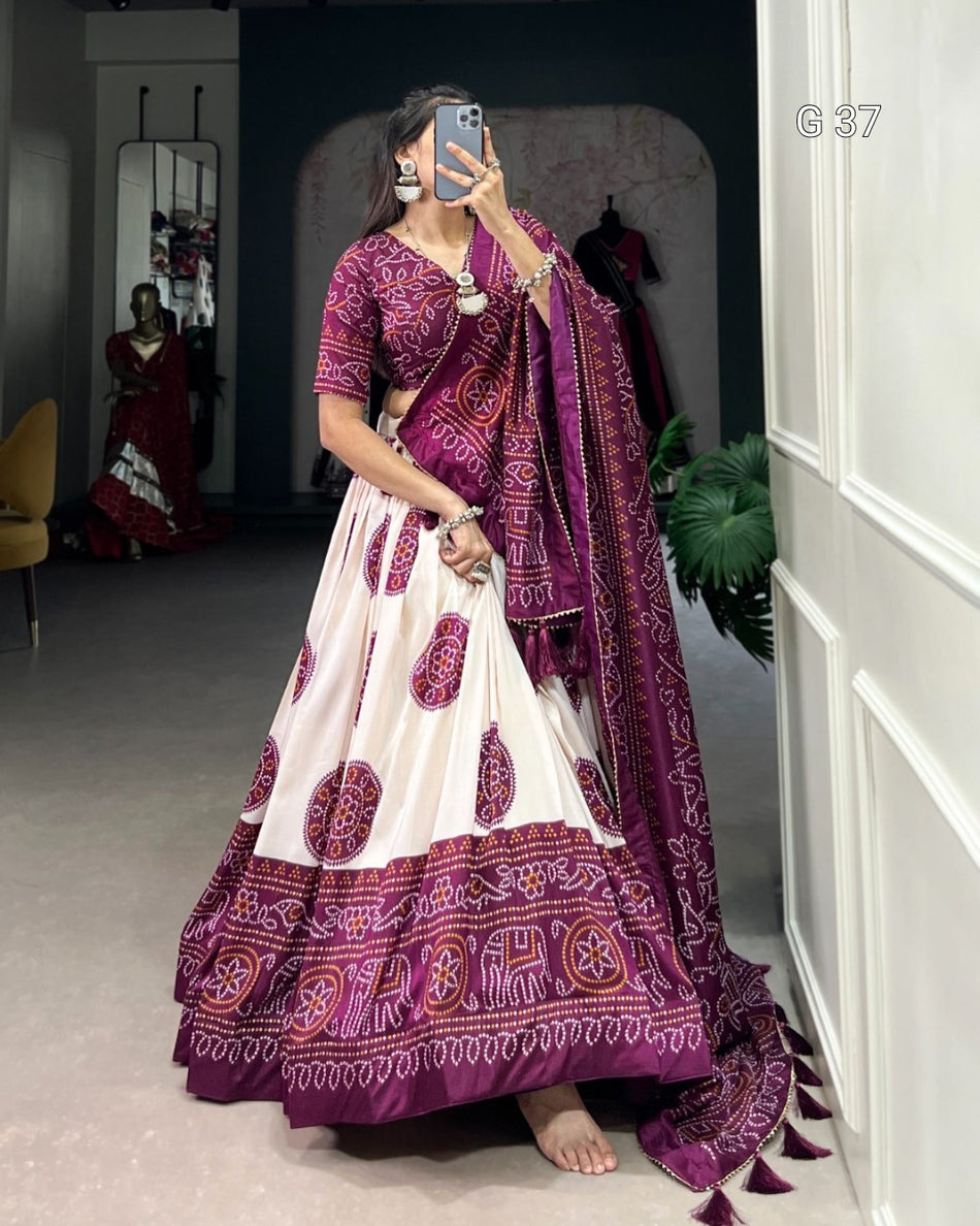 Tussar Silk Bandhej Print Lehenga with Gotta Patti Lace Border & Tassels – G 37 Wine