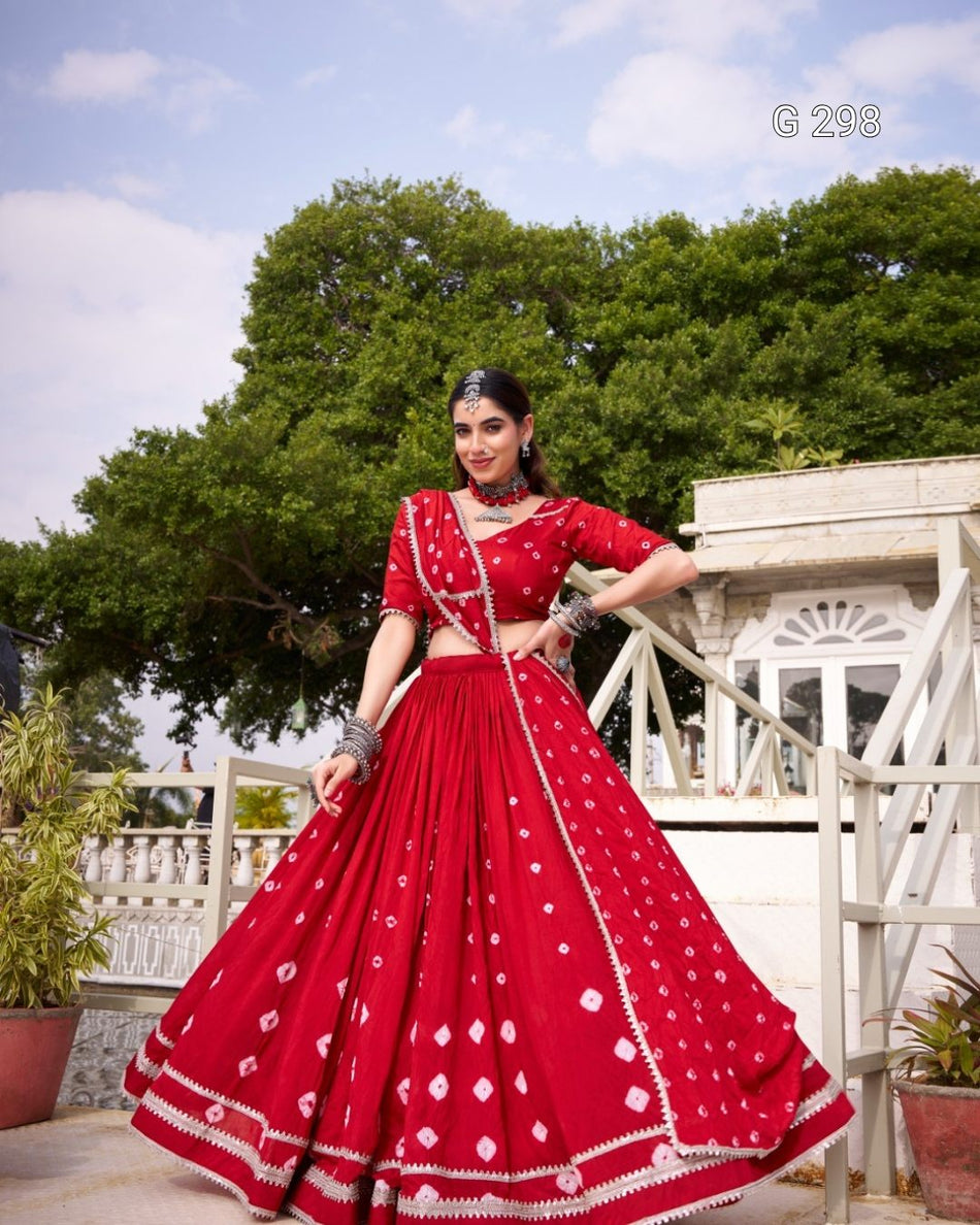Bandhej Print Pure Chanderi Lehenga with Lace Touch Up – G 298