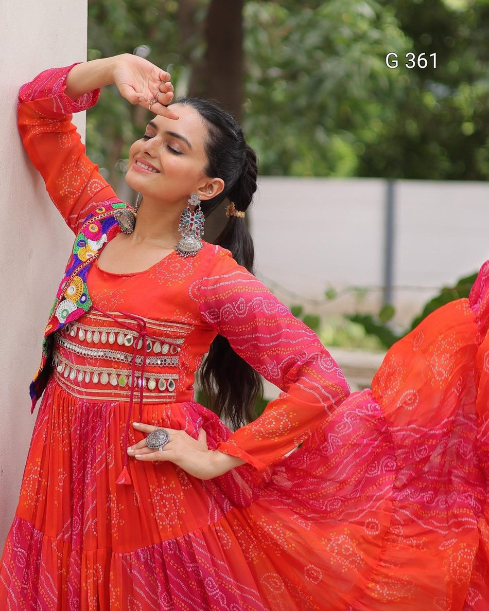 Faux Georgette Gown with Laheriya & Bandhej Print – G 361