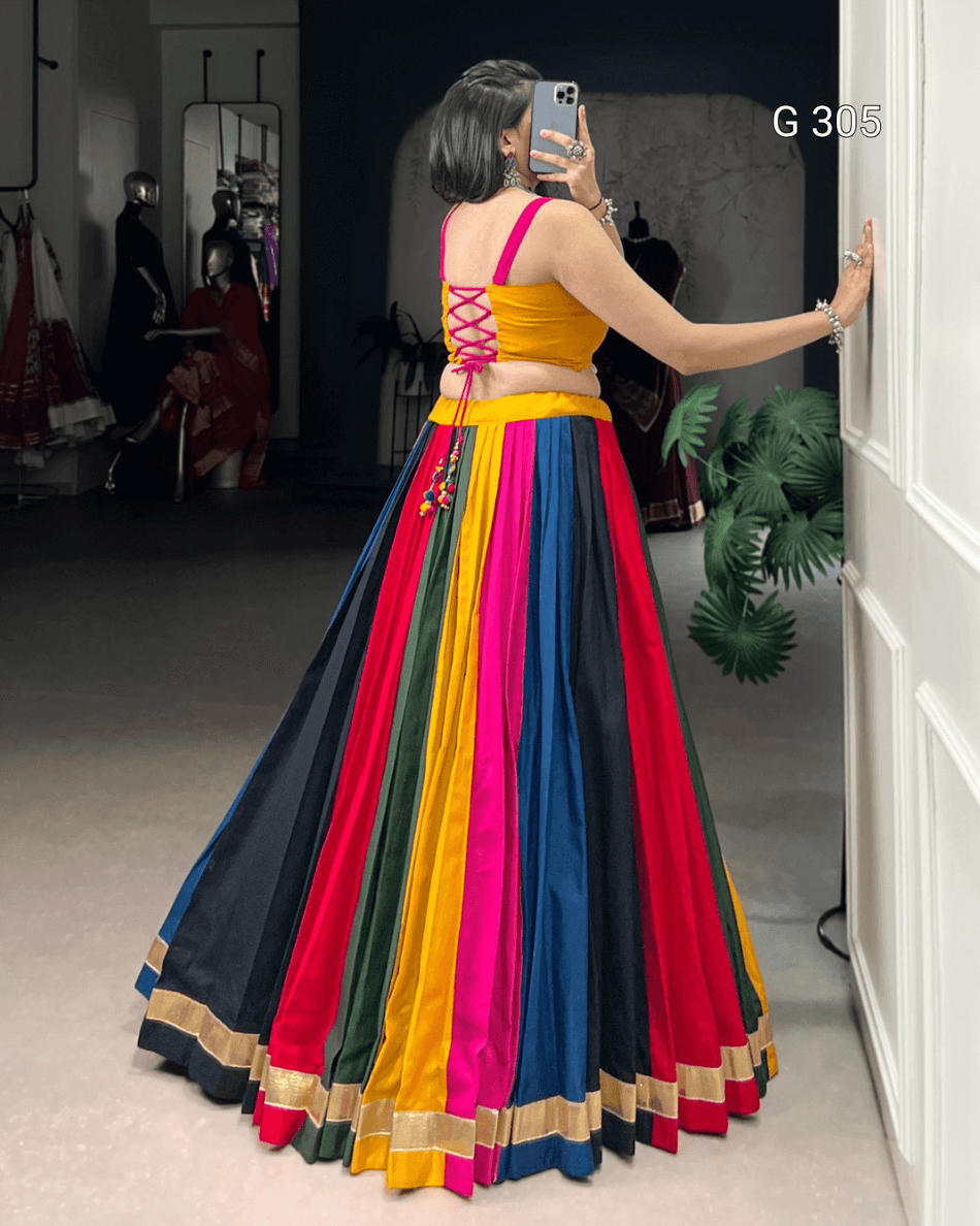 Multi-Coloured Pure Cotton Lehenga with Mirror & Lace Work – G 305 Multi