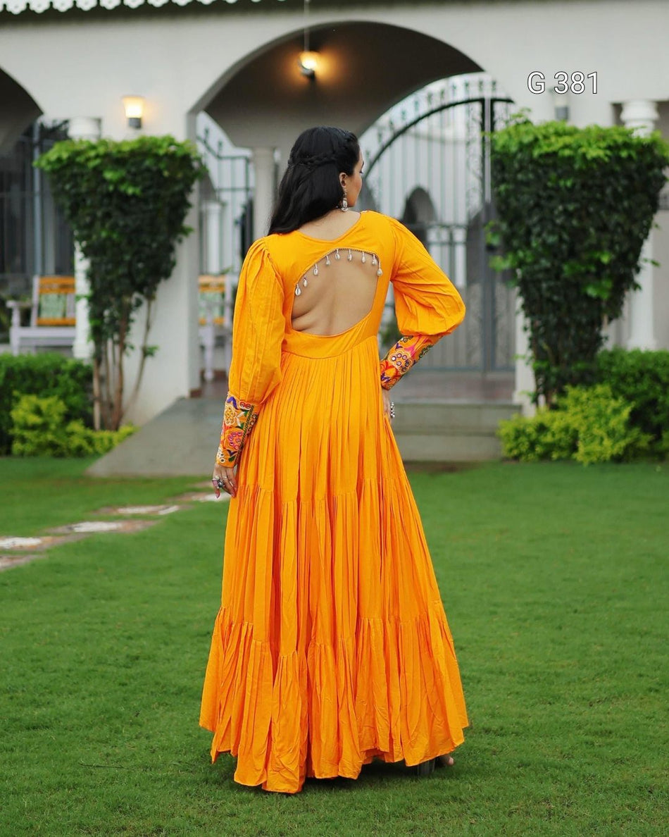 Yellow Reyon Gown with Kutchi Gamthi Work – G 381 Yellow