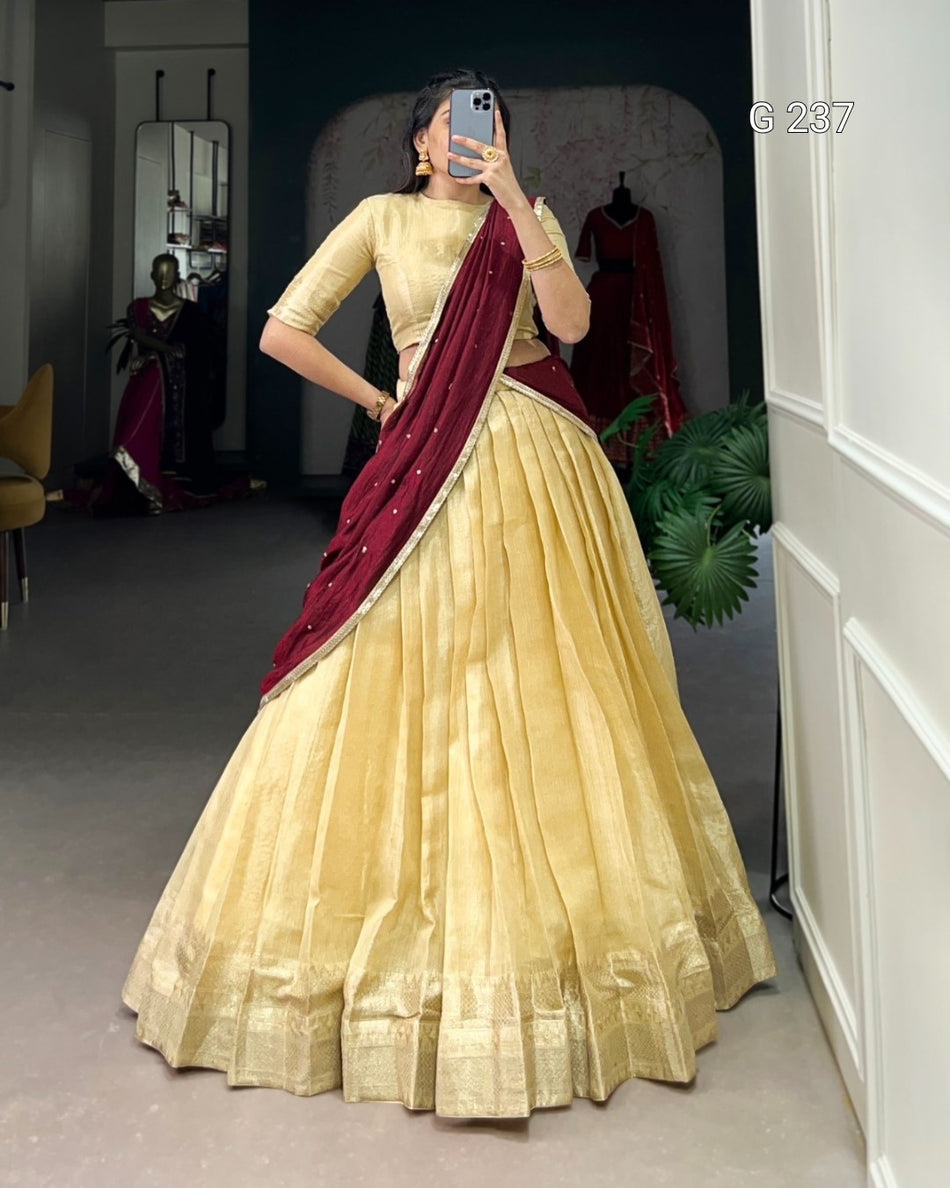 Zari Weaving Kanchipuram Lehenga with Vichitra Silk Dupatta – G 237 Cream