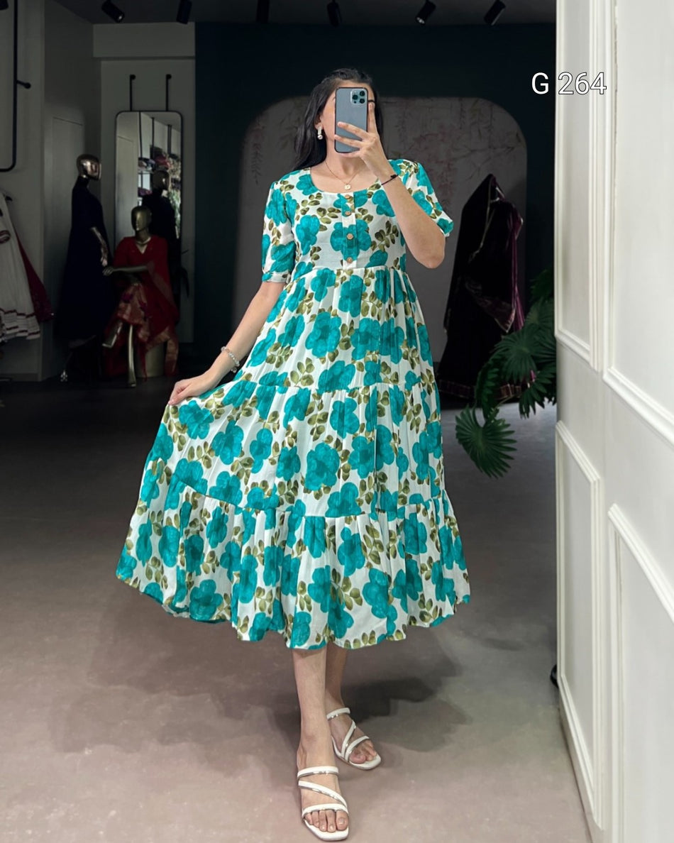 Floral Print Vichitra Silk Frock – G 264