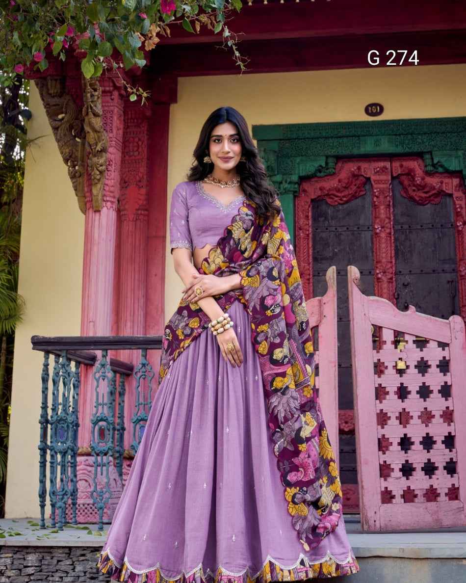 Sequins & Thread Embroidery Vichitra Silk Lehenga with Kalamkari Border – G 274