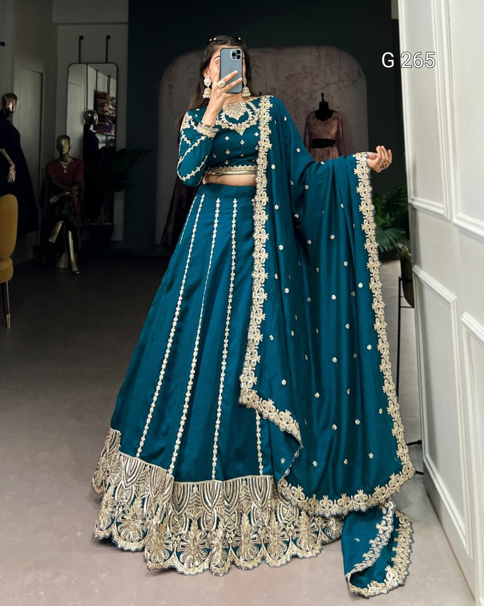 Sequins & Thread Embroidery Vichitra Silk Lehenga – G 265 Firozi