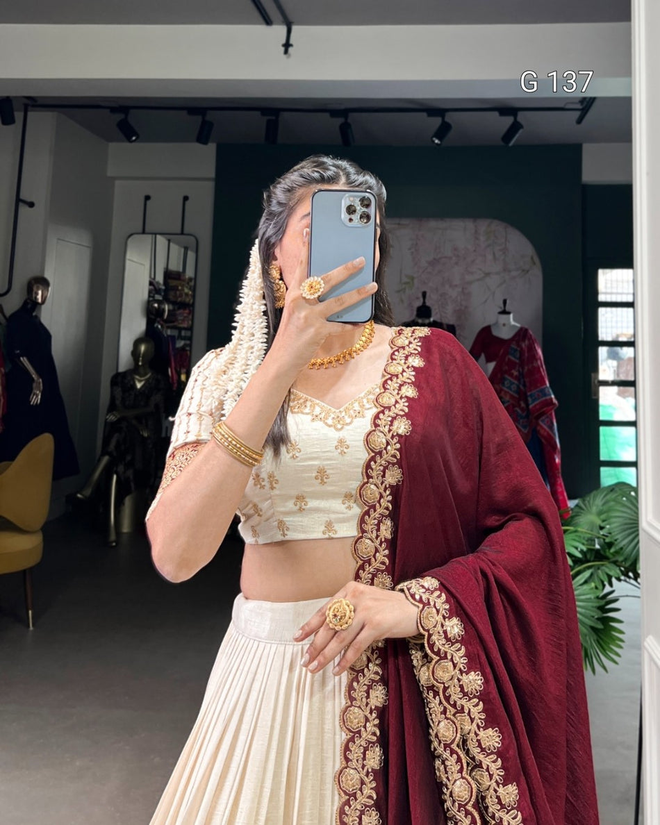 Vichitra Silk Lehenga with Zari Weaving Work & Sequins Lace Border – G 137 Off White