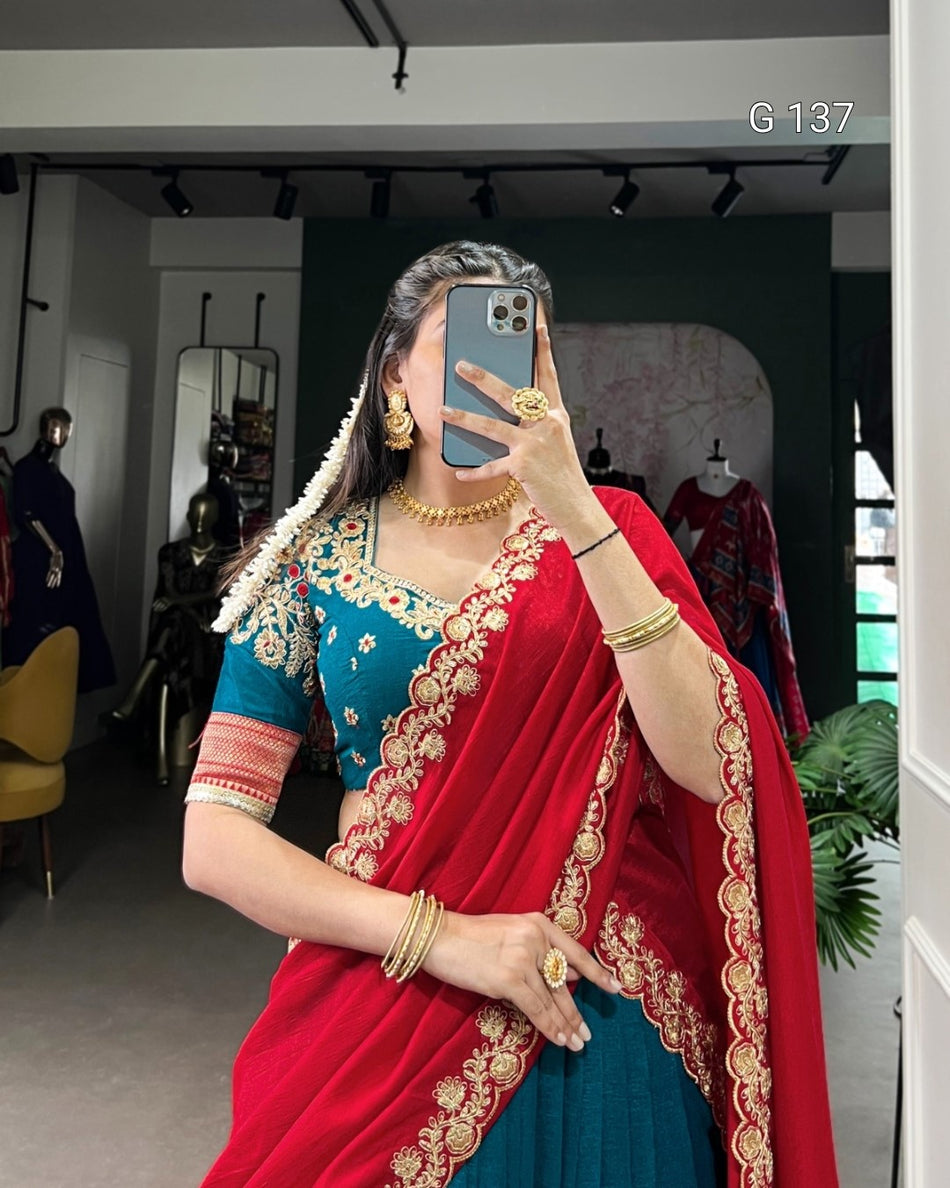 Vichitra Silk Lehenga with Zari Weaving Work & Sequins Lace Border – Teal-G 137 Teal