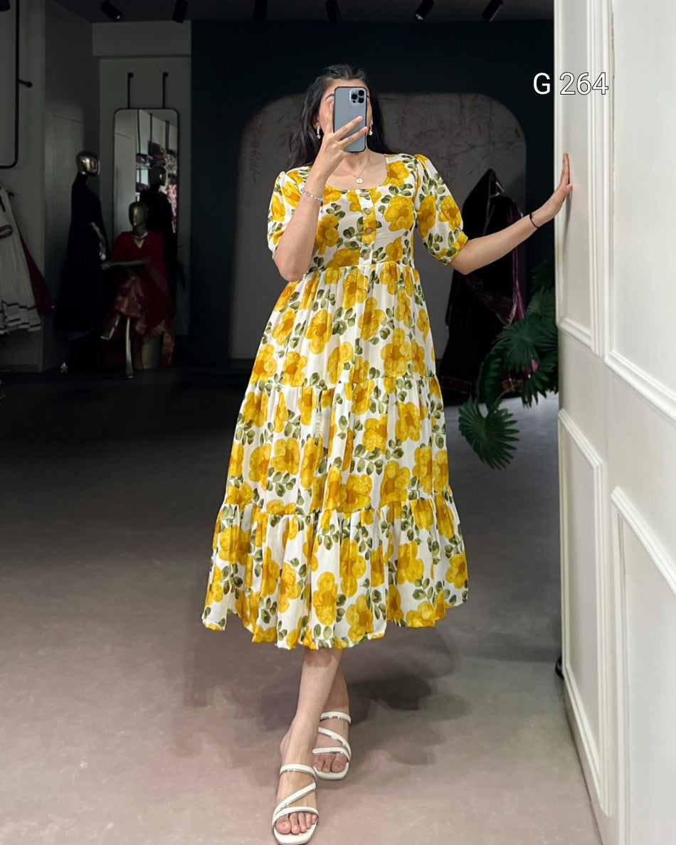 Floral Print Vichitra Silk Frock – G 264 Mustard
