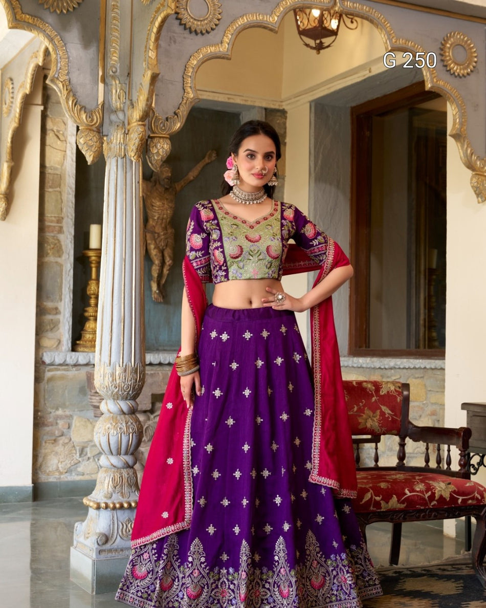 Sequins & Thread Embroidery Vichitra Silk Lehenga – G 250 Purple