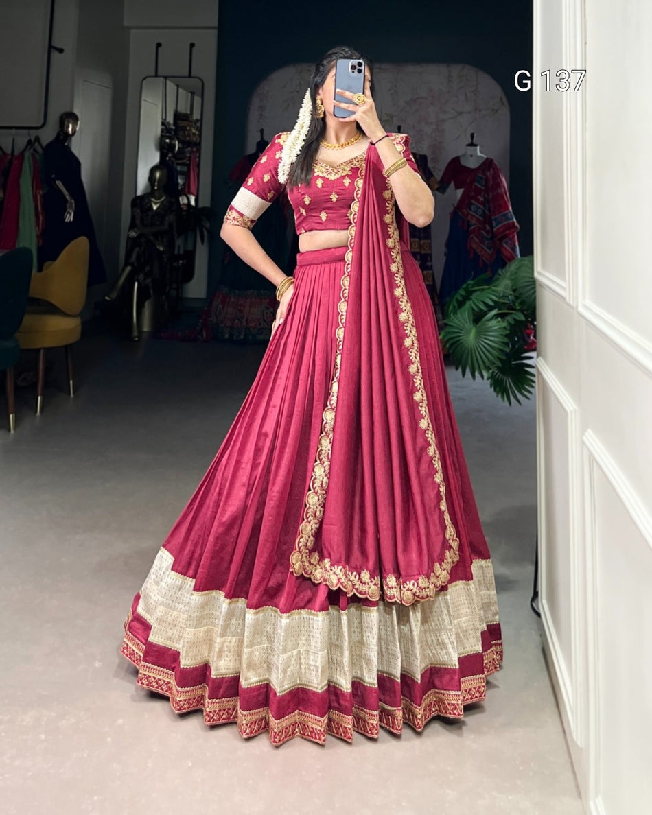 Salmon Vichitra Silk Lehenga with Zari Weaving Work & Sequins Lace Border-G 137 Salmon