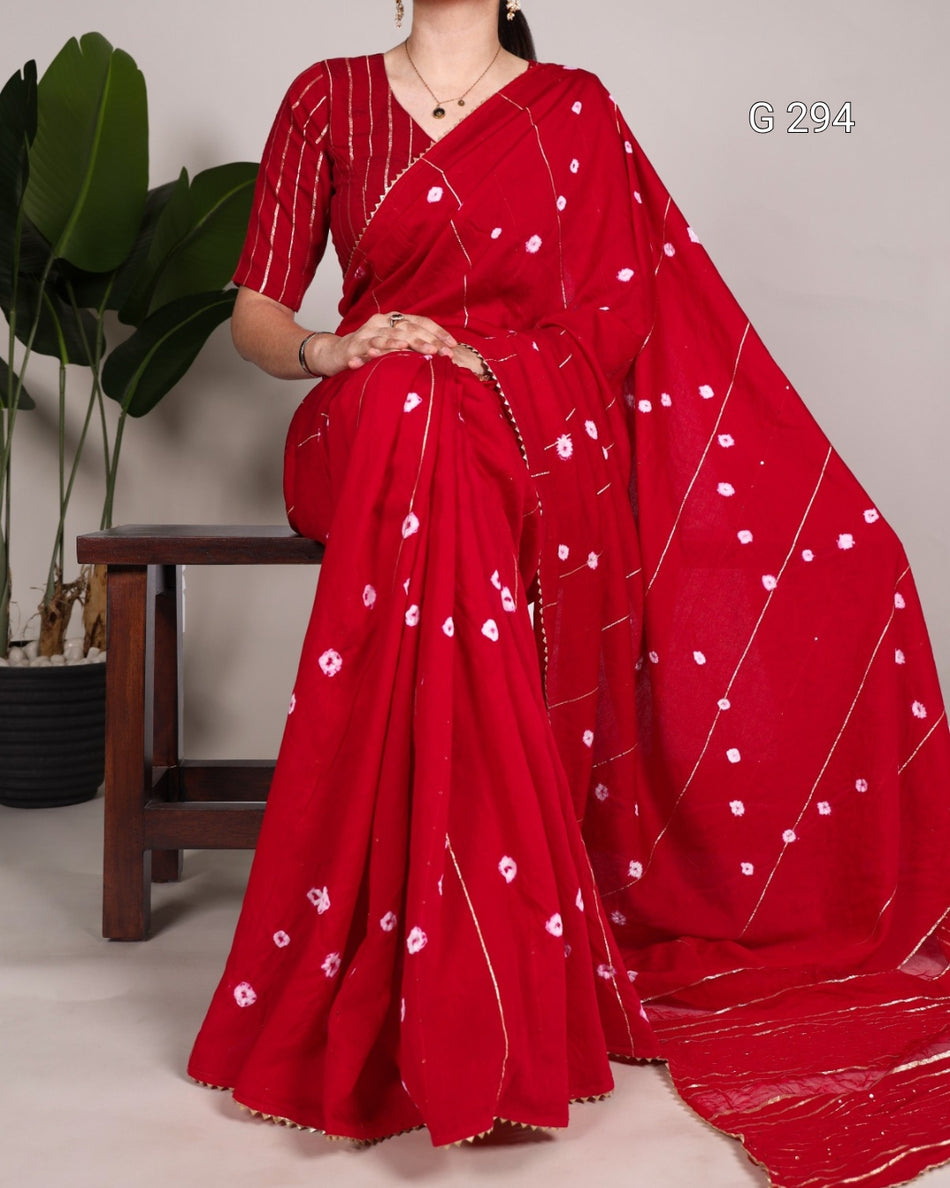 Sequins and Zari Line Viscose Chanderi Saree with Gota Patti Lace Border – G 294 Red
