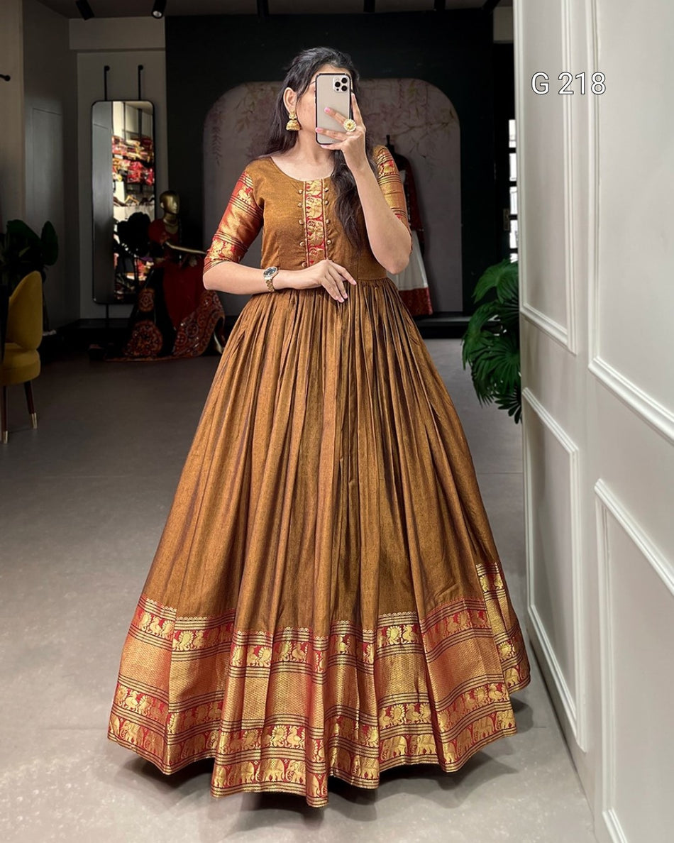 Narayanpet Cotton Gown with Zari Weaving Work – G 218 Mustard