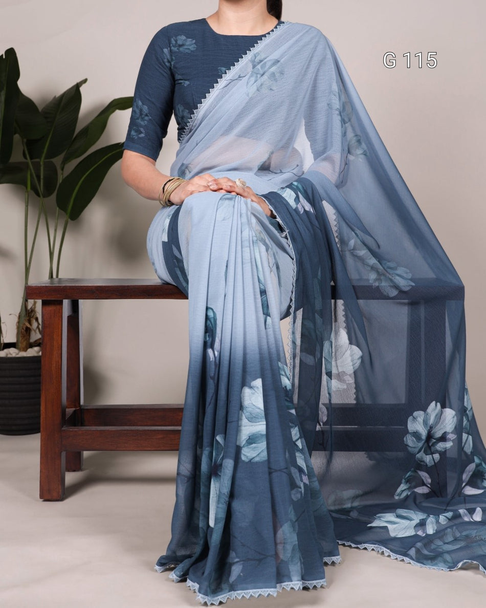 Floral Printed Weightless Marbal Saree with Lace Border – G 115 Bottle Green