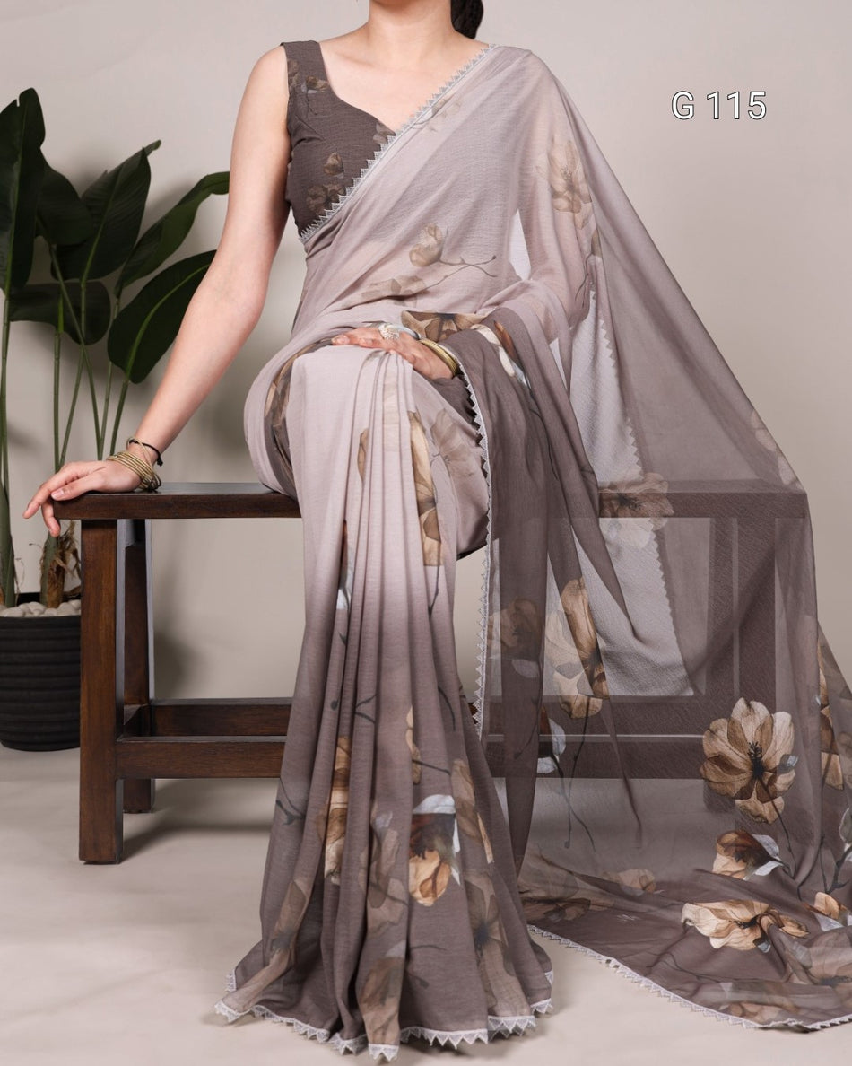 Floral Printed Weightless Marbal Saree with Lace Border – G 115 Coffee