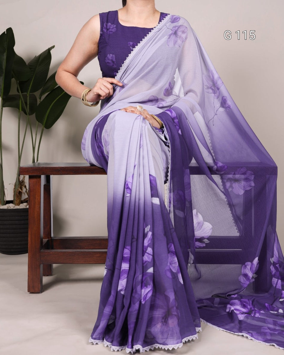 Floral Printed Weightless Marbal Saree with Lace Border – G 115