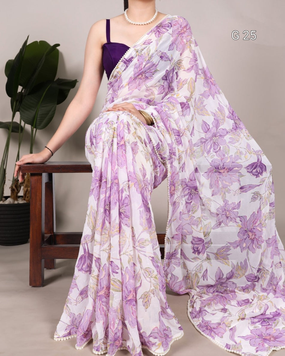 Weightless Marbal Saree with Floral Print & Pearl Lace Border – G 25
