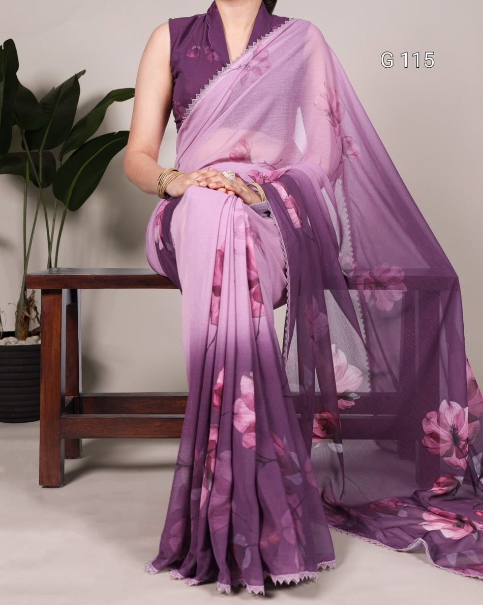Floral Printed Weightless Marbal Saree with Lace Border – G 115 Purple