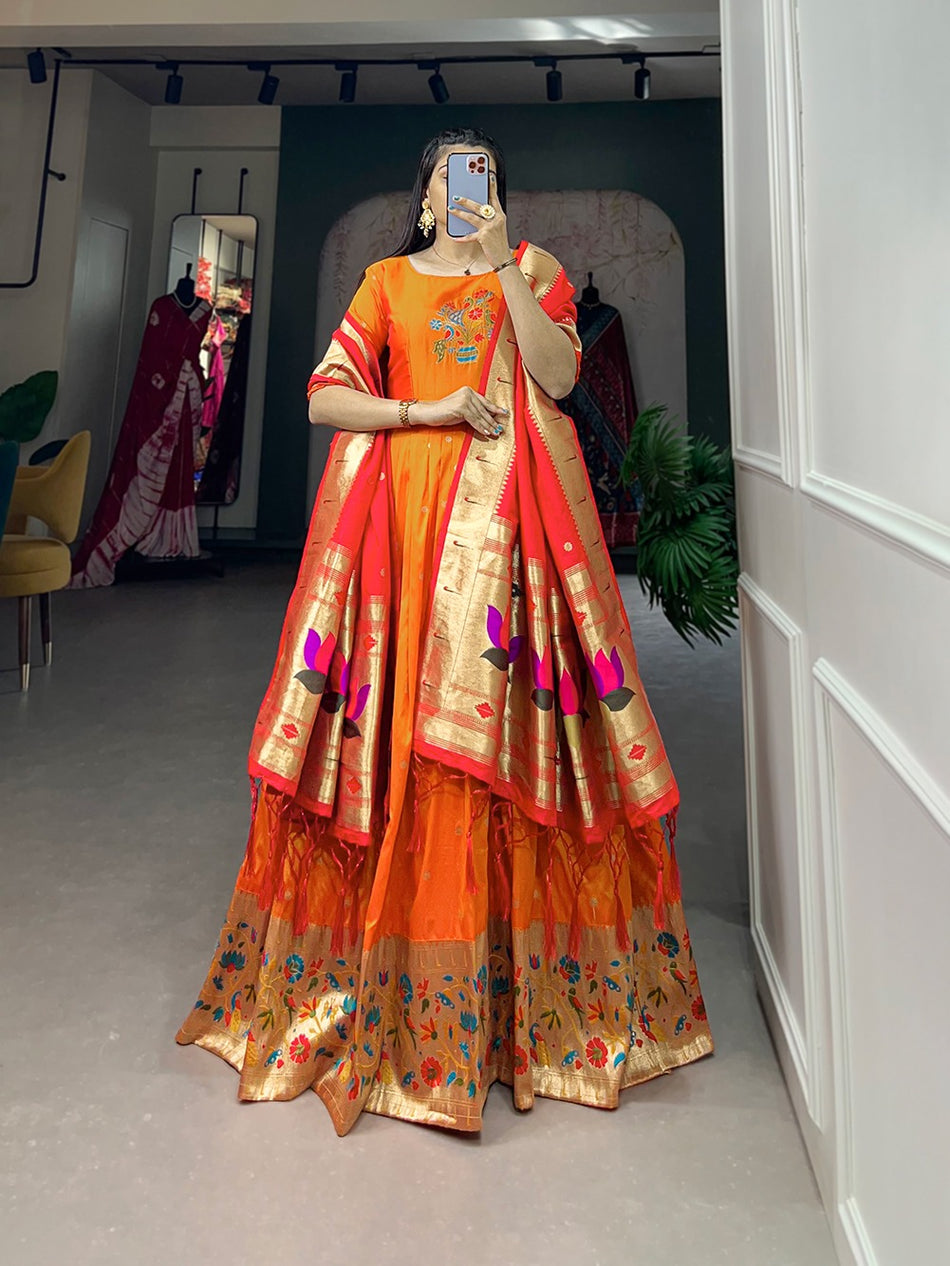 Orange Jacquard Silk Gown with Zari Weaving Work – Stitched Gown and Dupatta with Tassels