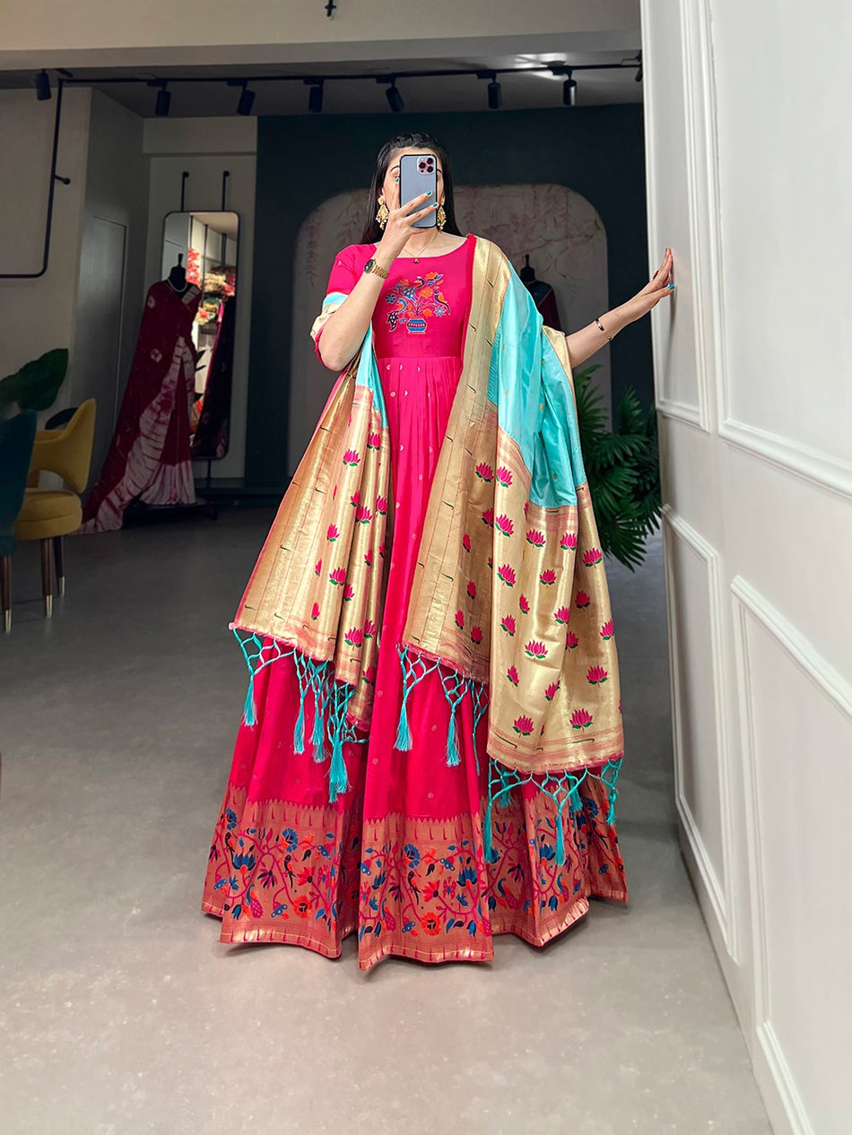 Pink Jacquard Silk Gown with Zari Weaving Work – Stitched Gown and Dupatta with Tassels