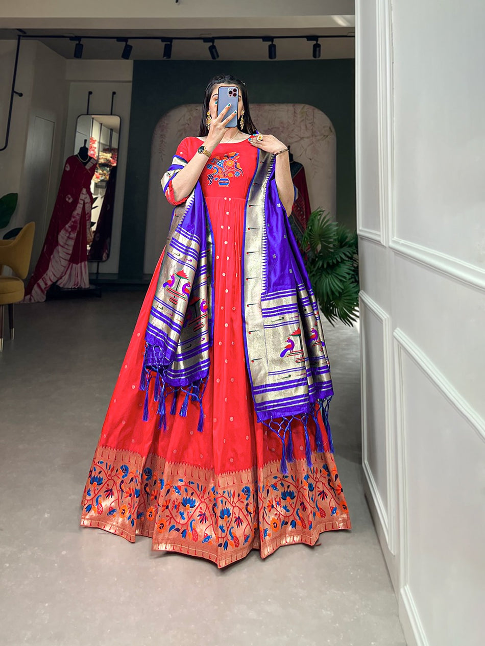 Red Jacquard Silk Gown with Zari Weaving Work – Stitched Gown and Dupatta with Tassels