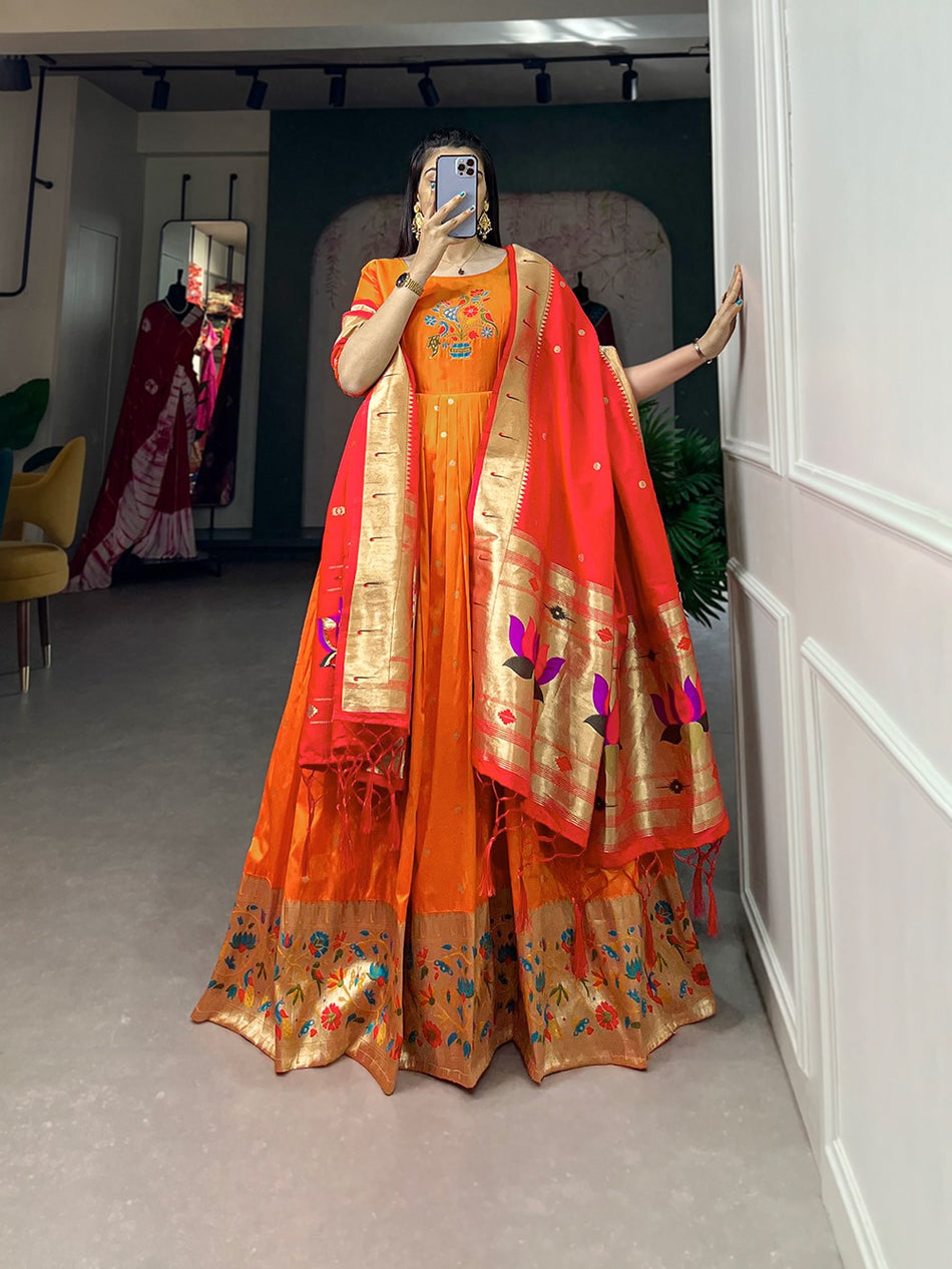 Orange Jacquard Silk Gown with Zari Weaving Work – Stitched Gown and Dupatta with Tassels