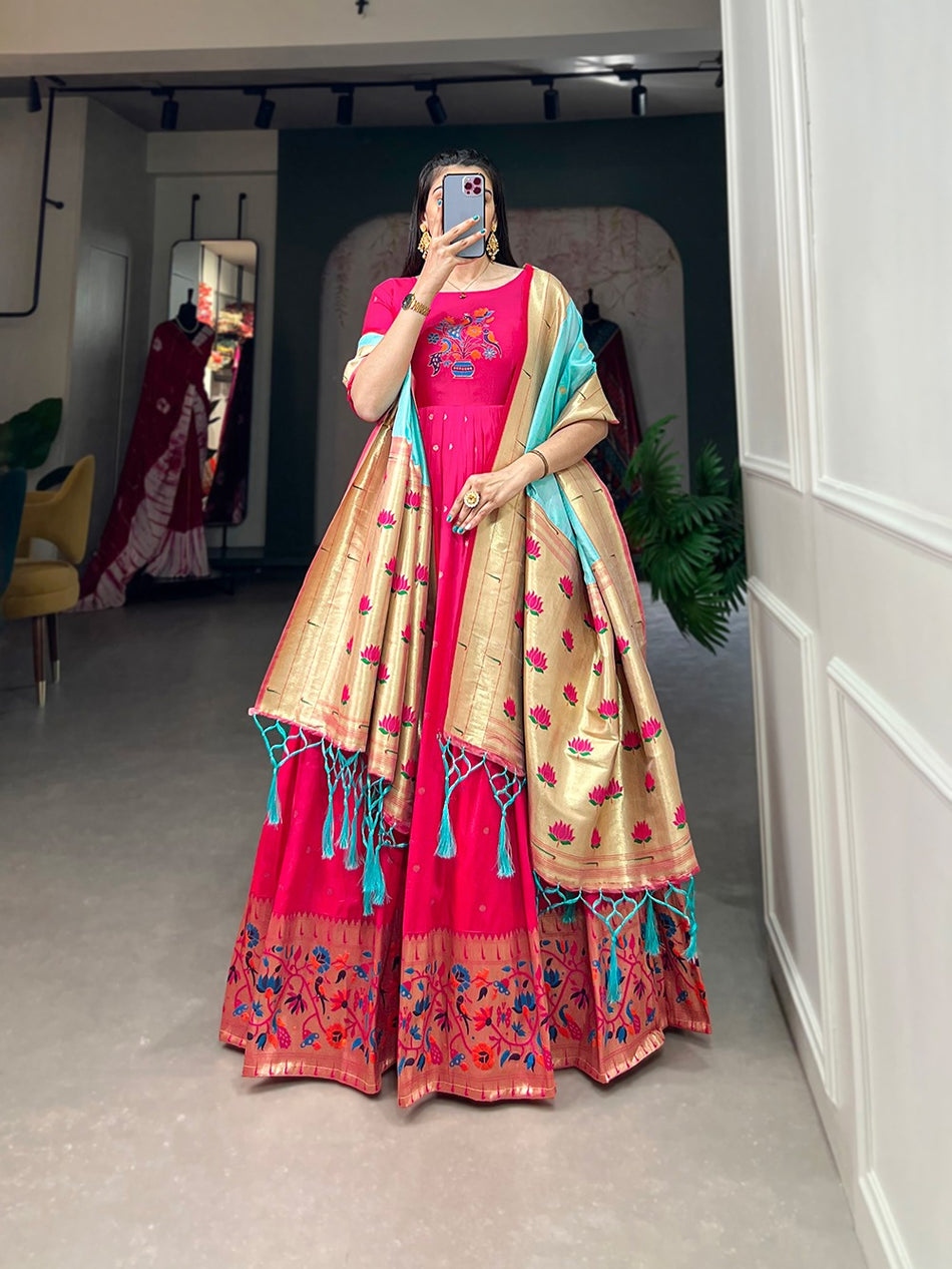 Pink Jacquard Silk Gown with Zari Weaving Work – Stitched Gown and Dupatta with Tassels