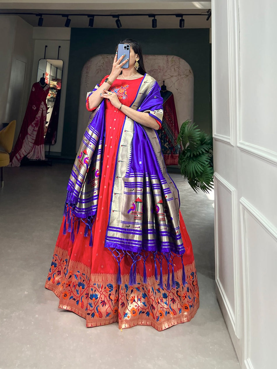 Red Jacquard Silk Gown with Zari Weaving Work – Stitched Gown and Dupatta with Tassels