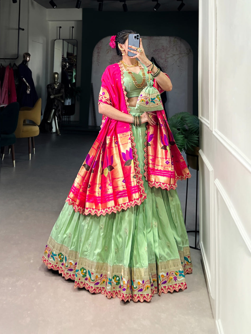Pista Jacquard Silk Lehenga with Zari Weaving & Sequins Work – Stitched Blouse, Dupatta, and Batwa