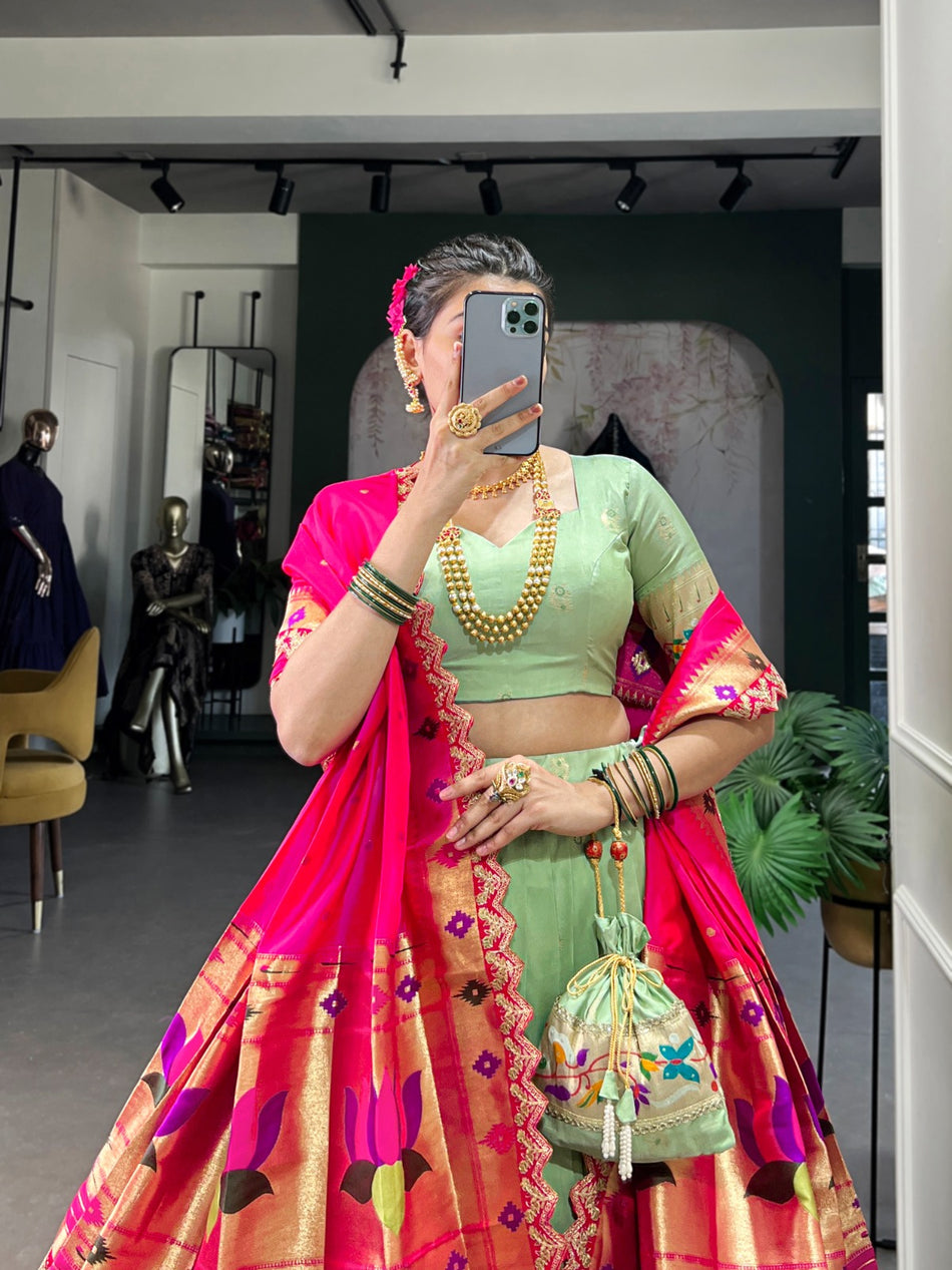 Pista Jacquard Silk Lehenga with Zari Weaving & Sequins Work – Stitched Blouse, Dupatta, and Batwa