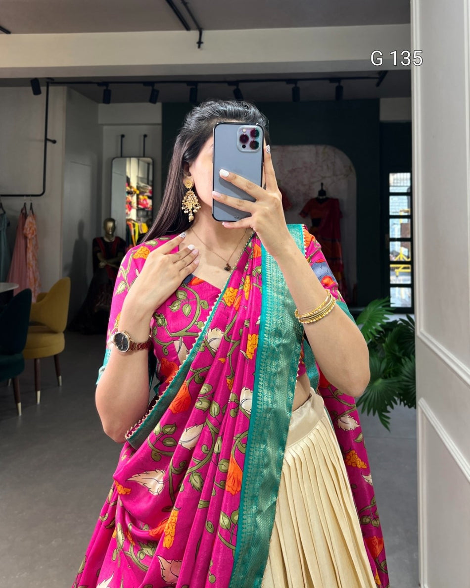 Dola Silk Kalamkari Printed Lehenga with Zari Weaving Border & Tassels – G 135 white