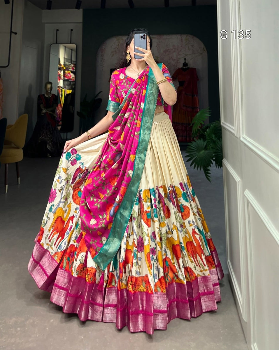 Dola Silk Kalamkari Printed Lehenga with Zari Weaving Border & Tassels – G 135