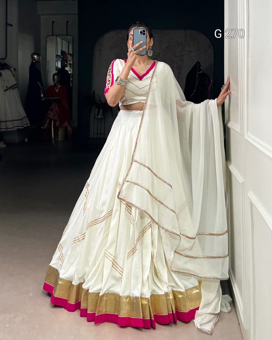 Embossed Design Pure Rayon Lehenga with Gota Patti Lace Touch Up – G 270 White