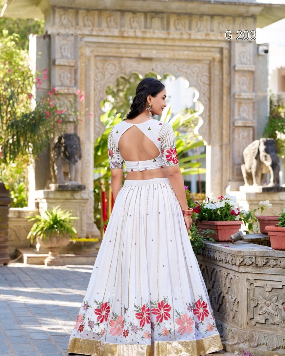 Georgette Lehenga with Sequins and Thread Embroidery, Embossed Lace Blouse – G 203 White