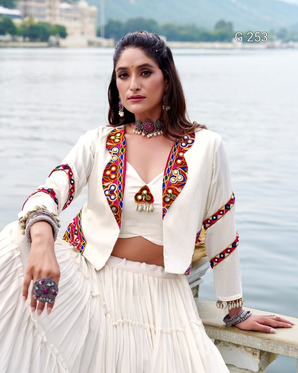 Plain Pure Rayon Lehenga with Original Mirror Gamthi Work – G 253 White