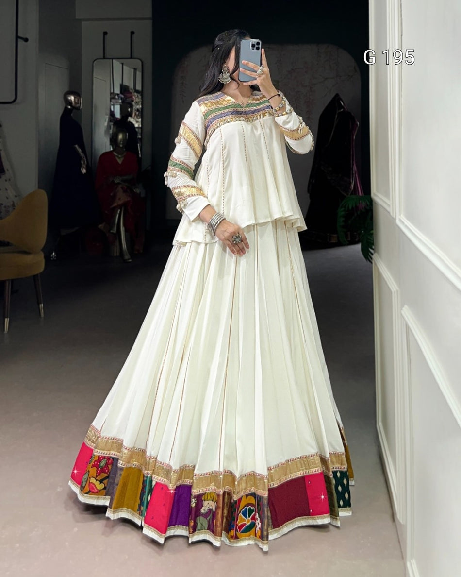 White Pure Rayon Lehenga with Multi Patch Work & Gota Patti Lace – G 195 White