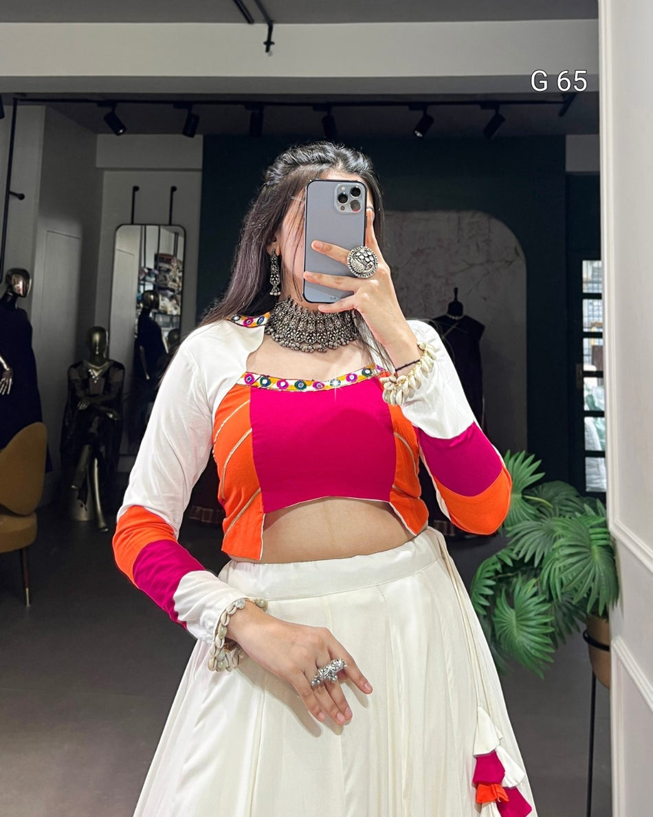 Pure Rayon Lehenga with Mirror Gamthi Work & Gotta Patti Lace – G 65 White