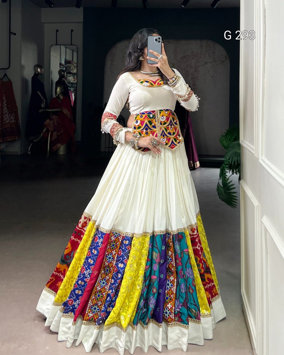 Multi Colour Patch Pure Rayon Lehenga with Real Mirror Gamthi Work Blouse – G 293 White
